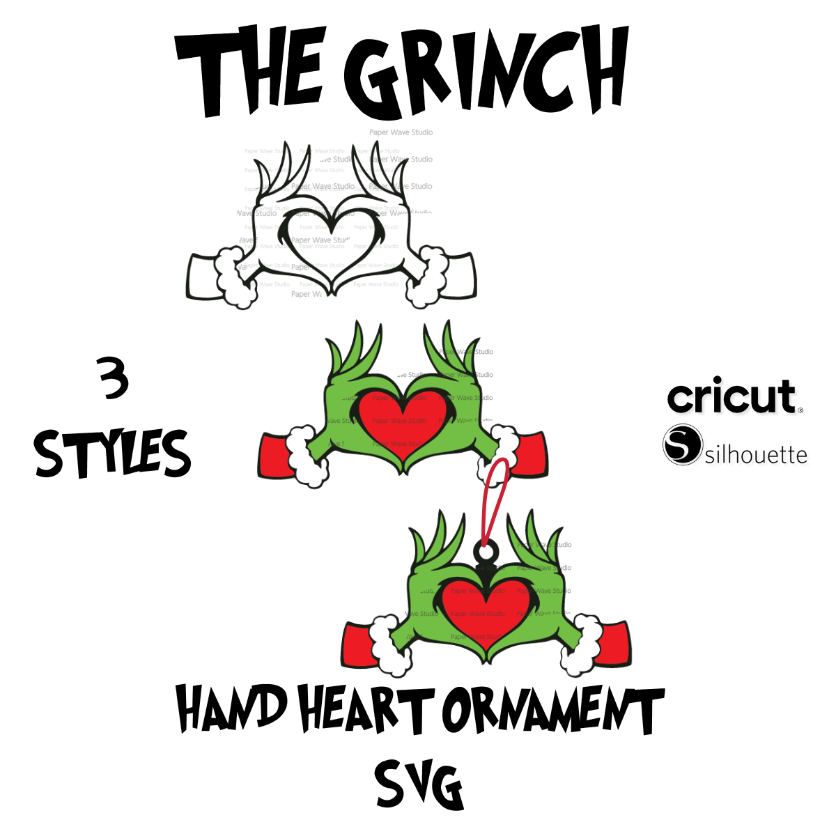 Grinch Hand Heart Ornament 3 Styles | Grinch SVG